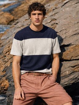 The Indian Garage Co - Men Blue Relaxed Fit Textured T-Shirt