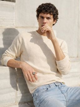 The Indian Garage Co - Men Cream Relaxed Fit Textured Crew Neck T-Shirt