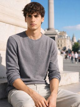 The Indian Garage Co - Men Grey Relaxed Fit Textured Crew Neck T-Shirt