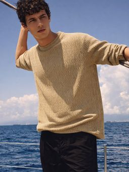 The Indian Garage Co - Men Brown Relaxed Fit Textured Crew Neck T-Shirt