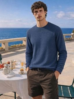 The Indian Garage Co - Men Navy Blue Relaxed Fit Textured Crew Neck T-Shirt