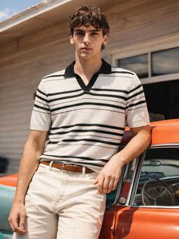 The Indian Garage Co - Men White Slim Fit Striped Half Sleeves Polo T-Shirt