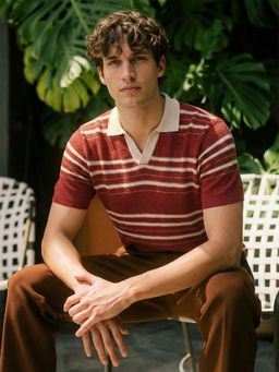 The Indian Garage Co - Men Rust Slim Fit Striped Half Sleeves Polo T-Shirt