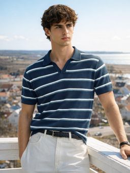 The Indian Garage Co - Men Navy Blue Slim Fit Striped Half Sleeves Polo T-Shirt