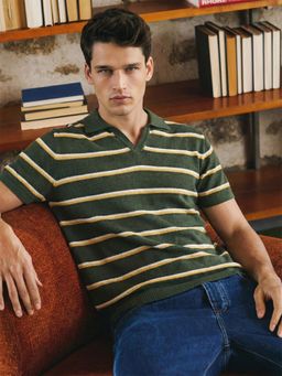 The Indian Garage Co - Men Green Slim Fit Striped Half Sleeves Polo T-Shirt