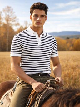 The Indian Garage Co - Men White Oversized Fit Striped Half Sleeves Polo T-Shirt