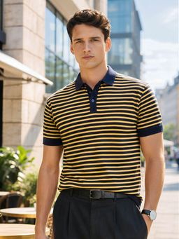 The Indian Garage Co - Men Blue Oversized Fit Striped Half Sleeves Polo T-Shirt