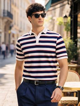 The Indian Garage Co - Men Navy Blue Slim Fit Striped Half Sleeves Polo T-Shirt