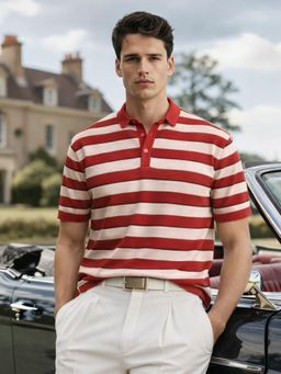 The Indian Garage Co - Men Rust Slim Fit Striped Half Sleeves Polo T-Shirt
