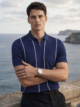 The Indian Garage Co - Men Navy Blue Slim Fit Striped Half Sleeves Polo T-Shirt