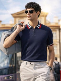 The Indian Garage Co - Men Navy Blue Slim Fit Half Sleeves Polo T-Shirt