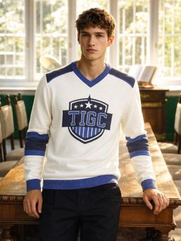 The Indian Garage Co - Men White Slim Fit Graphic V-Neck Full Sleeves T-Shirt