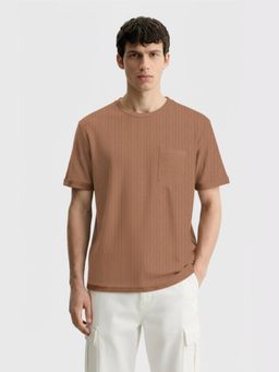The Indian Garage Co - Men Beige Boxy Fit Textured Half Sleeves T-Shirt