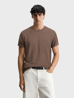 The Indian Garage Co - Men Brown Boxy Fit Textured Half Sleeves T-Shirt
