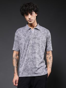 PRONK - Men Grey Relaxed Fit Printed Polo T-shirt