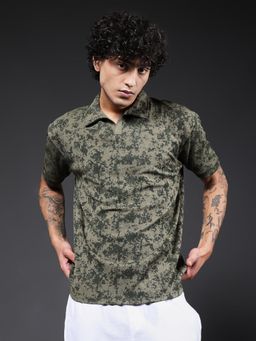 PRONK - Men Olive Relaxed Fit Printed Polo T-shirt