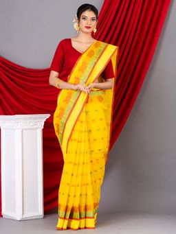LAA CALCUTTA - Yellow and Multi Pure Cotton Tant Saree