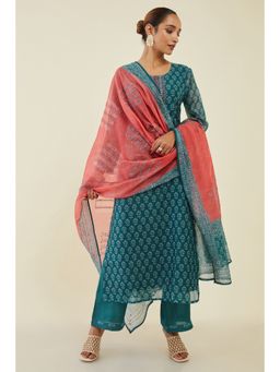 Soch - Women Teal Chanderi Printed Dress Material (Set of 3)