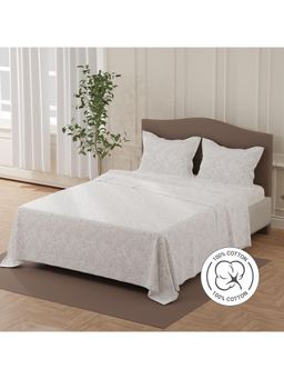 Layers - Lumina Floret 140 Tc White & Brown Floral Double Bedsheet with 2 Pillow Covers (Queen)