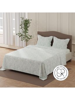 Layers - Lumina Floret 140 Tc Green & White Floral Double Bedsheet with 2 Pillow Covers (Queen)