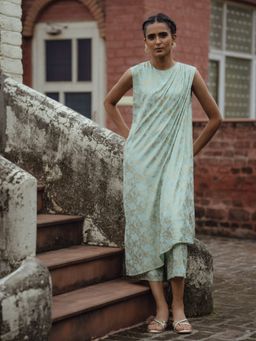 W - Green Draped Style Festive Printed Jumpsuit