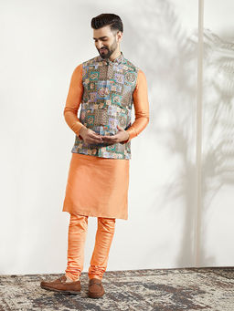 KISAH - Men Green Kurta Jacket Churidar (Set of 3)