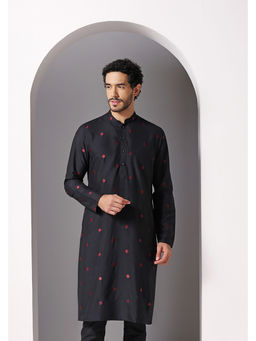 KISAH - Men Black Embroidery Cotton Blend Kurta with Abstract Print