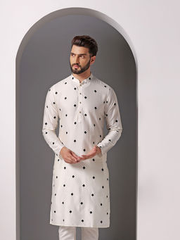 KISAH - Men Cream Embroidery Cotton Blend Kurta with Abstract Print