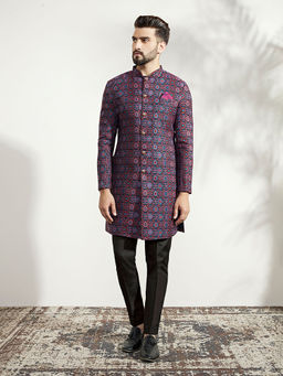 KISAH - Men Multi Coloured Textured Silk Blend Jacquard Indowestern Sherwani Trouser Set with Zari Design