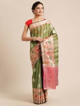 Banarasi Silk Works - Matka Woven Saree Green with Unstitched Blouse