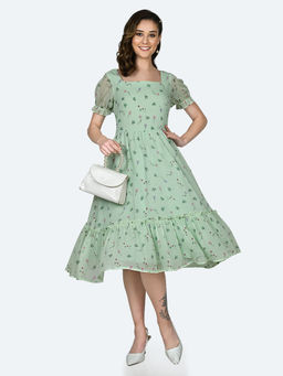 Zink London - Womens Green Printed Midi Dress