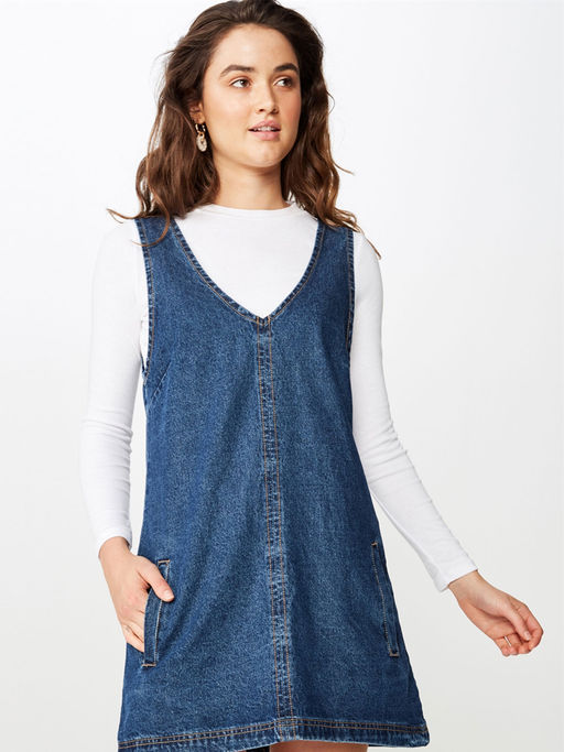 Buy Cotton On Front Pocket Denim Pinafore Mid Blue Online