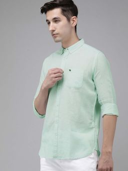 The Bear House - Men Green Solid Slim Fit Cotton-linen Casual Shirt