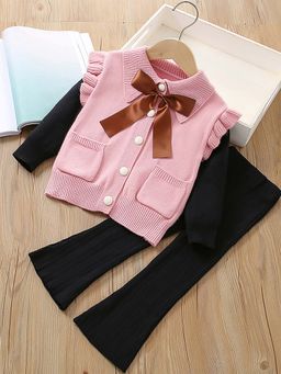Little Surprise Box - Pink Knitted Top with Black Bootcut Pants for Girls (Set of 2)