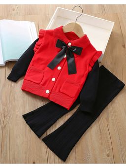 Little Surprise Box - Red Knitted Top with Black Bootcut Pants for Girls (Set of 2)