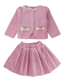 Little Surprise Box - Pink Dual Bow Tweed Style Skirt and Top For Girls (Set of 2)