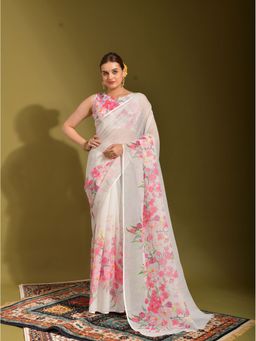 Odette - White Linen Designer Saree with Unstitched Blouse