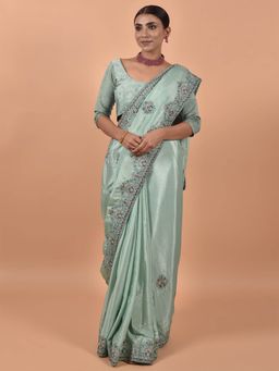 Odette - Sea Green Satin Embroidered Saree with Unstitched Blouse