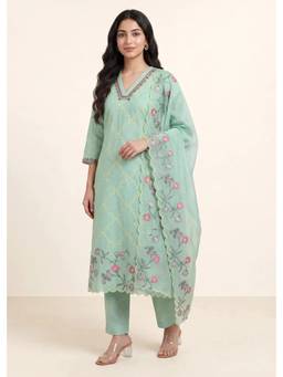 Cotton Culture - Green Chanderi Silk Embroidered Kurta and Pant with Dupatta