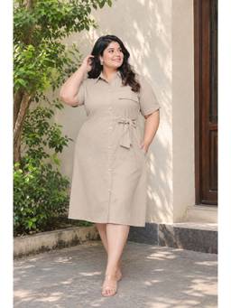 Doriyaan - Womens Plus Size Beige Solid Midi Midi Dress