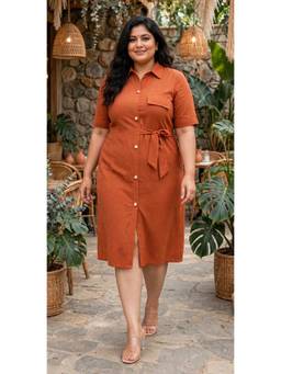 Doriyaan - Womens Plus Size Rust Solid Midi Dress