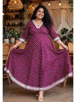 Doriyaan - Womens Plus Size Maroon Floral Print Soft Cotton embroidered Anarkali Kurta