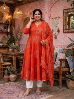 Doriyaan - Womens Plus Size Orange Floral Cotton Printed Anarkali Kurta with Dupatta