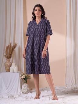 Kami Kubi - Women's Purple Cotton Printed A-Line Dress