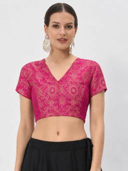 Studio Rasa - Pink Silk Blend Printed Stretchable Readymade Blouse