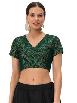 Studio Rasa - Green Silk Blend Printed Stretchable Readymade Blouse
