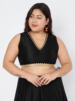 Studio Rasa - Black Plus Size Dupion Embellished Readymade Blouse