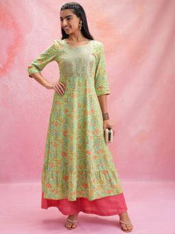 VISHUDH - Green Floral Printed Round Neck Mirror Work Panelled Anarkali Kurta