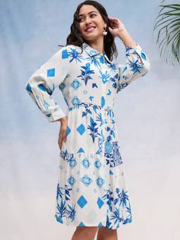 VISHUDH - Women Floral Print Shirt White Knee Length Dress