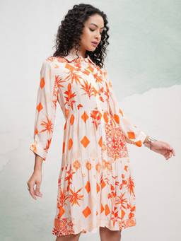 VISHUDH - Printed Tiered Fit and Flare White Knee Length Dress